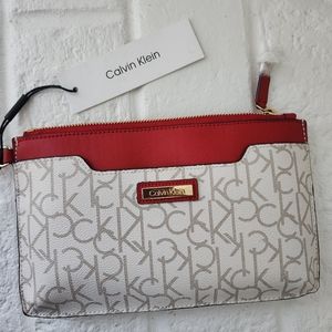 NWT🥰 Calvin Klein Red/Gold Signature Logo Wristlet Clutch Purse Handbag